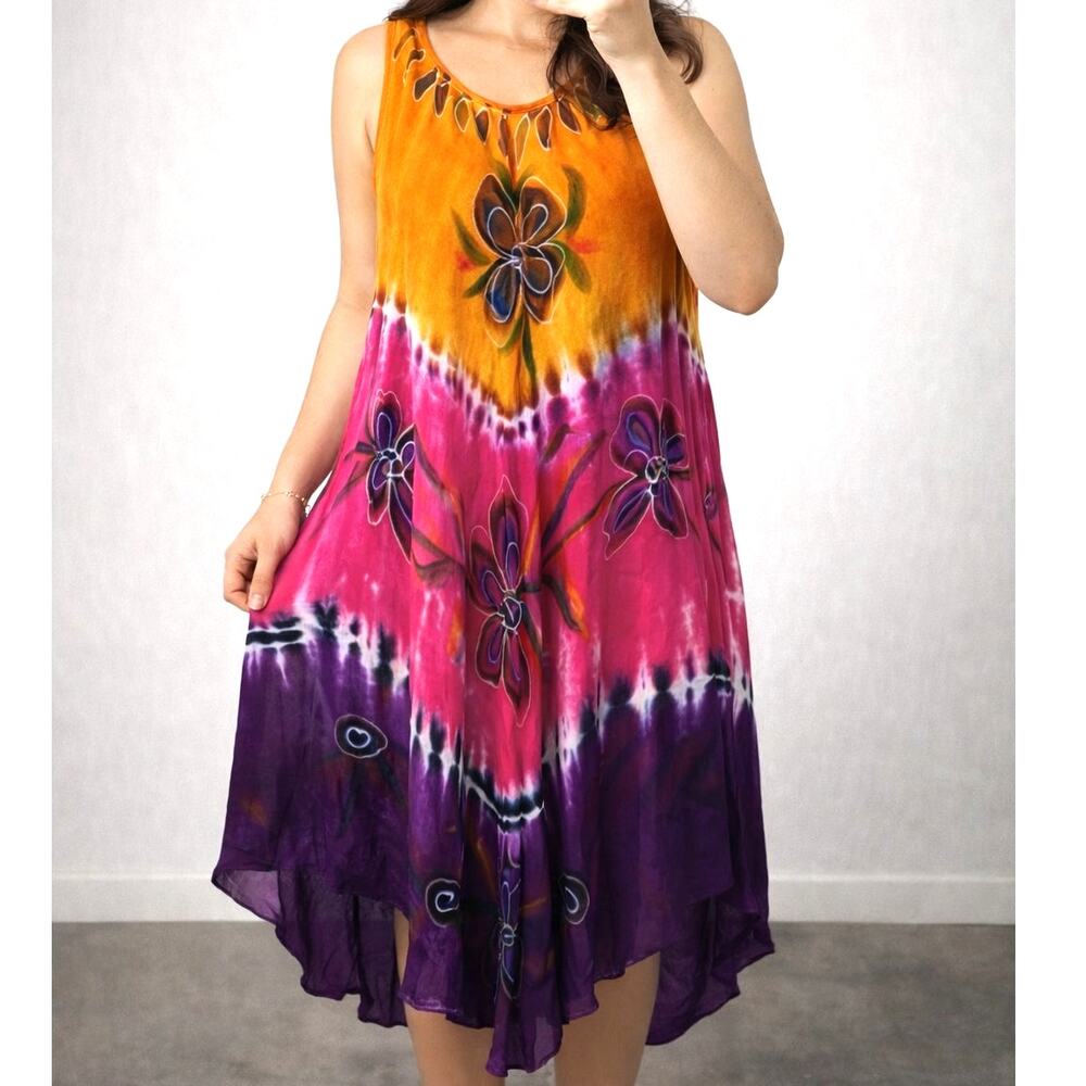 Vintage Whispers Rayon Tie Dye Floral Asymmetrical Dress FreeSize Beach Vacation